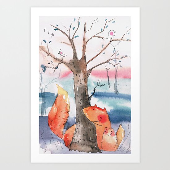 Spring foxes Art Print