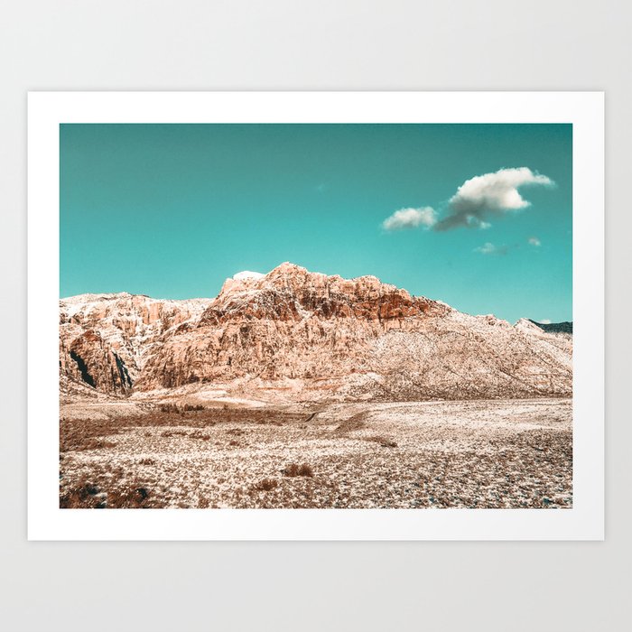 Vintage Red Rock Face // Desert Mountain in Winter Las Vegas Landscape Photograph Teal Sky Art Print