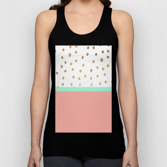 Coral teal color block faux gold foil polka dots pattern Unisex Tank Top