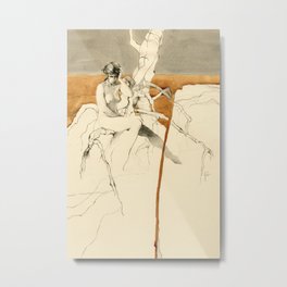 Nude Female Figure Drawing and Tree with Copper Grey Watercolour Metal Print | Realism, Watercolour, Figure, Sitting, Cream, Grey, Crosshatch, Woman, Brown, Abstract 