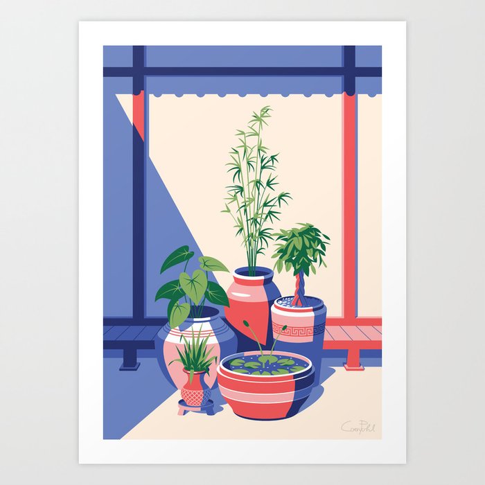 Hanok with potted plants Art Print