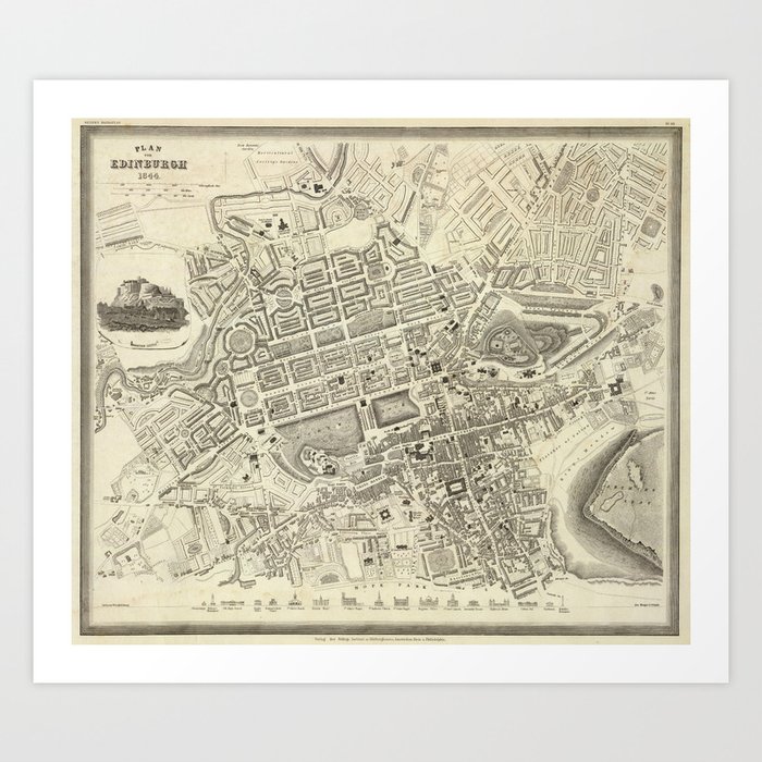 Vintage Map of Edinburgh Scotland (1844) Art Print