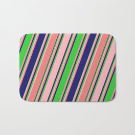 [ Thumbnail: Lime Green, Light Pink, Light Coral & Midnight Blue Colored Lines/Stripes Pattern Bath Mat ]