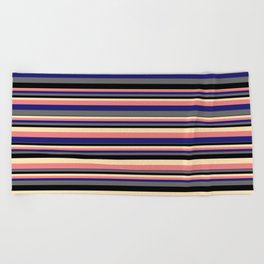 [ Thumbnail: Vibrant Beige, Light Coral, Midnight Blue, Dim Gray, and Black Colored Pattern of Stripes Beach Towel ]