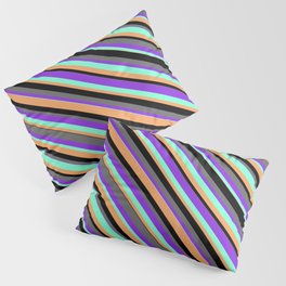 [ Thumbnail: Eye-catching Black, Dim Grey, Purple, Aquamarine & Brown Colored Stripes/Lines Pattern Pillow Sham ]