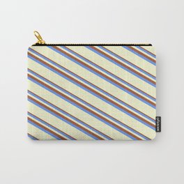 [ Thumbnail: Sienna, Cornflower Blue & Light Yellow Colored Striped/Lined Pattern Carry-All Pouch ]