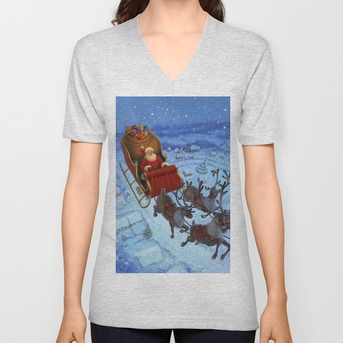 Santa flying over the snowy countryside on Christmas Eve V Neck T Shirt