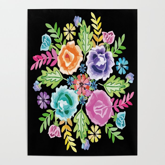 Mexican flower bouquet oaxaca tehuana colorful embroidery Poster