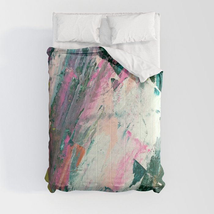 Meditate [2]: a vibrant, colorful abstract piece in bright green, teal, pink, orange, and white Comforter