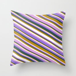 [ Thumbnail: Colorful Dark Goldenrod, White, Plum, Purple & Dark Slate Gray Colored Lines/Stripes Pattern Throw Pillow ]