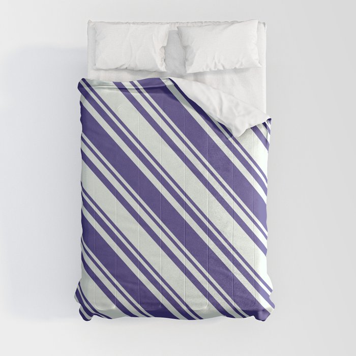 Dark Slate Blue & Mint Cream Colored Stripes/Lines Pattern Comforter