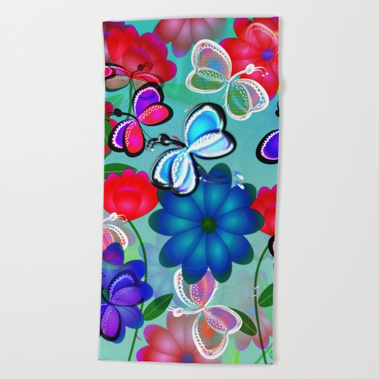 Abstract Butterflies with Flowers (Blue) Beach Towel