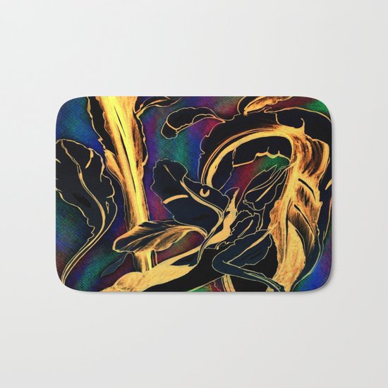 Blue Succulent Colorful Night, Black and Gold Rainbows Bath Mat