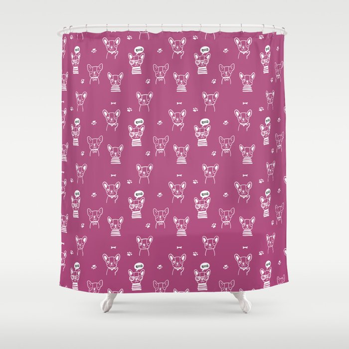 Magenta and White Hand Drawn Dog Puppy Pattern Shower Curtain