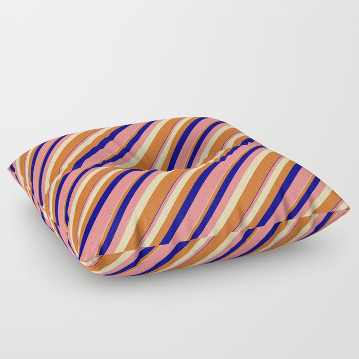 Blue, Light Coral, Tan & Chocolate Colored Lined/Striped Pattern Floor Pillow