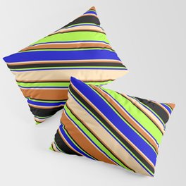 [ Thumbnail: Colorful Light Green, Blue, Tan, Chocolate & Black Colored Lines/Stripes Pattern Pillow Sham ]