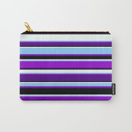 [ Thumbnail: Vibrant Light Sky Blue, Dark Violet, Indigo, Black, and Mint Cream Colored Striped Pattern Carry-All Pouch ]