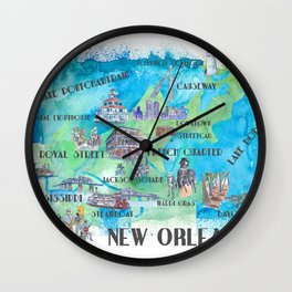New Orleans Louisiana Favorite Travel Map with Touristic Highlights in colorful retro print Wall Clock