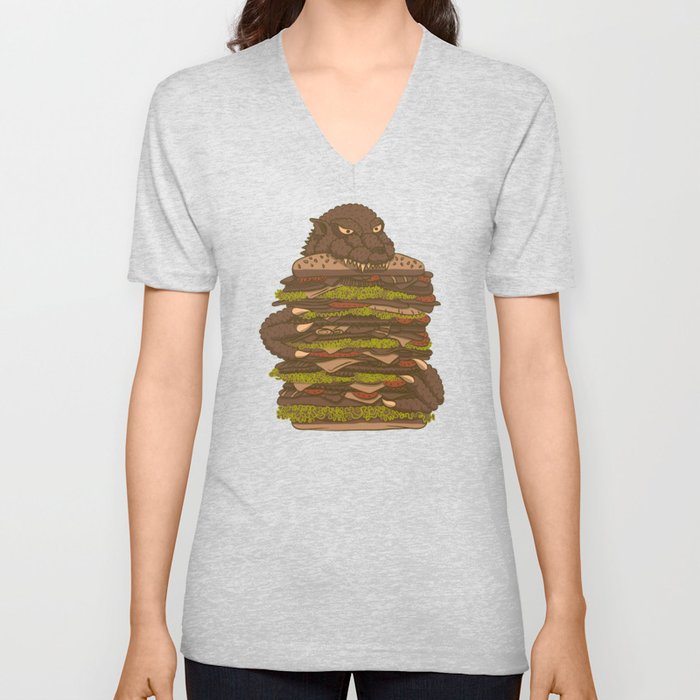 Godzilla vs Hamburger V Neck T Shirt