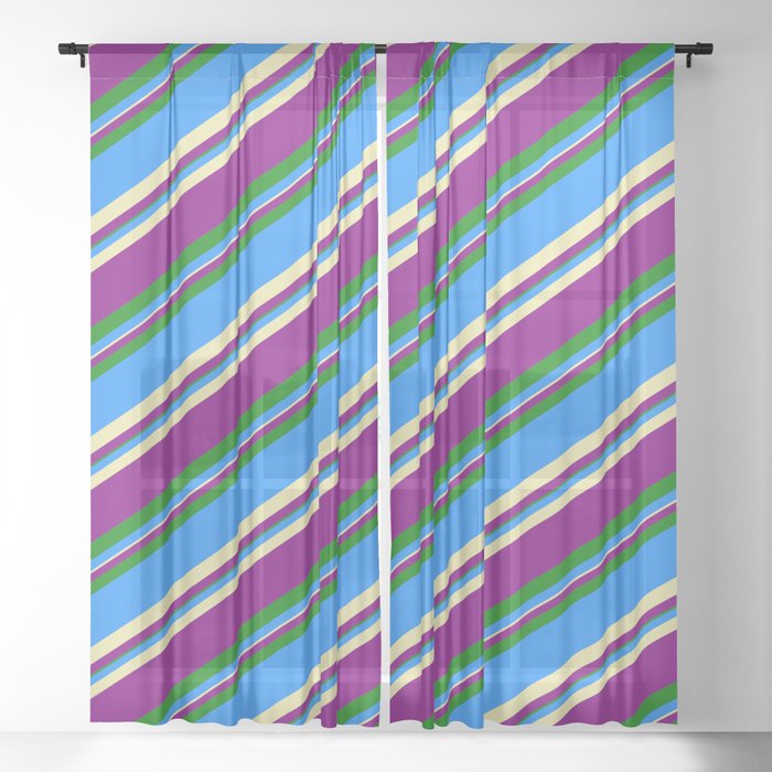 Blue, Pale Goldenrod, Purple & Green Colored Lined/Striped Pattern Sheer Curtain