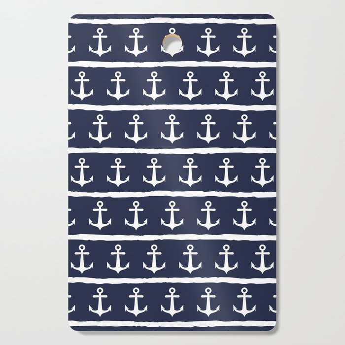 Nautical Navy Blue White Anchors Stripes Cutting Board