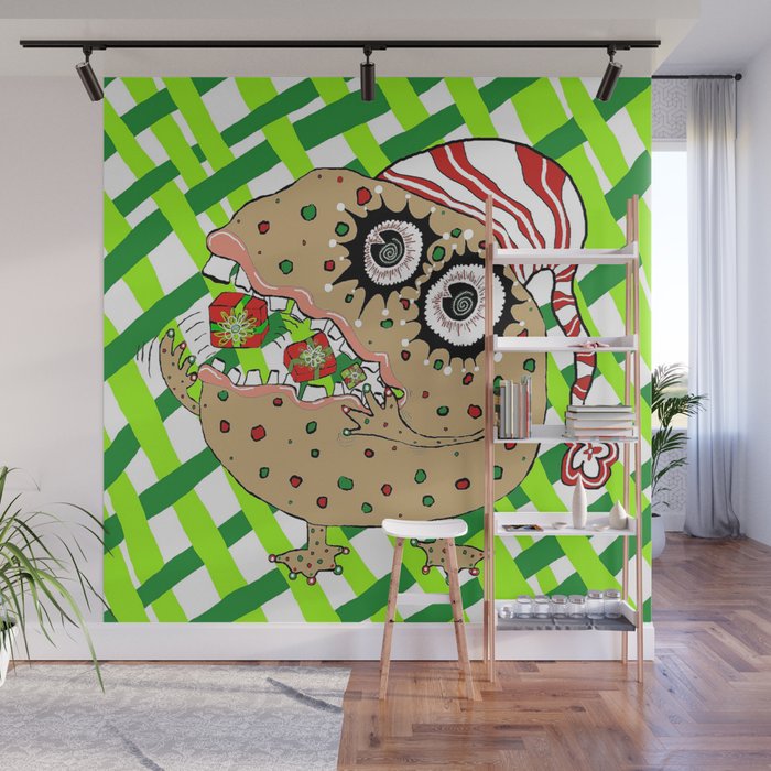 Christmas Fruitcake Monster, green lattice background Wall Mural