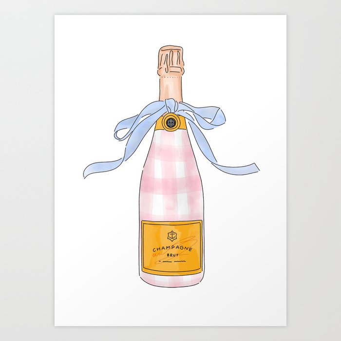 Pink Gingham Preppy Painted Champagne Bottle Art Print