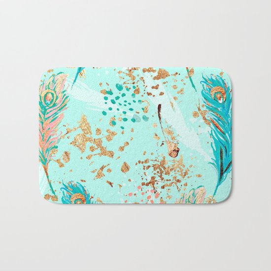 Feather peacock peach mint #7 Bath Mat