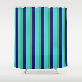 [ Thumbnail: Sea Green, Turquoise & Midnight Blue Colored Lines Pattern Shower Curtain ]