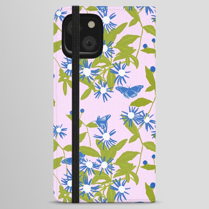 Little Blue Flowers And Butterflies Pink Retro iPhone Wallet Case