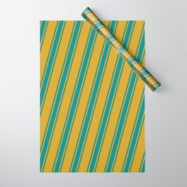 [ Thumbnail: Goldenrod & Dark Cyan Colored Lines Pattern Wrapping Paper ]