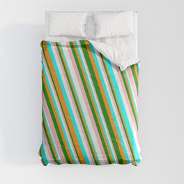 [ Thumbnail: Vibrant Dark Orange, Green, Light Pink, Mint Cream, and Aqua Colored Striped/Lined Pattern Comforter ]