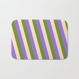 [ Thumbnail: Purple, Green, and Bisque Colored Lines/Stripes Pattern Bath Mat ]
