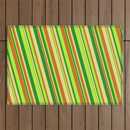 [ Thumbnail: Forest Green, Tan, Chocolate, and Light Green Colored Lined/Striped Pattern Outdoor Rug ]