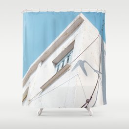 White Building on Blue Sky | Greek Architecture | Simplistic Travel Photography Shower Curtain