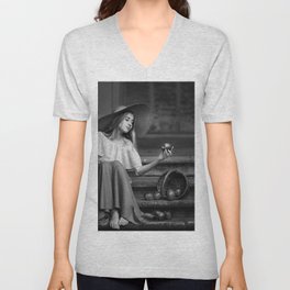 Here, There, and Everywhere; Girl with a hat and an apple; serene summer portrait black and white photograph - photography - photographs V Neck T Shirt