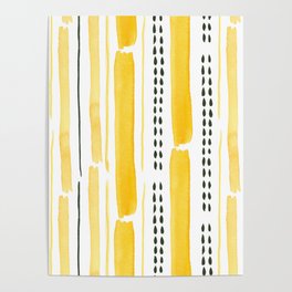 Yellow and black vertical lines, watercolor and ink Poster