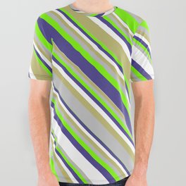 [ Thumbnail: Eyecatching Green, Dark Slate Blue, White, Dark Khaki & Grey Colored Lined Pattern All Over Graphic Tee ]