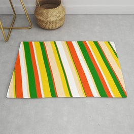 [ Thumbnail: Eye-catching Yellow, Beige, White, Red & Green Colored Pattern of Stripes Rug ]