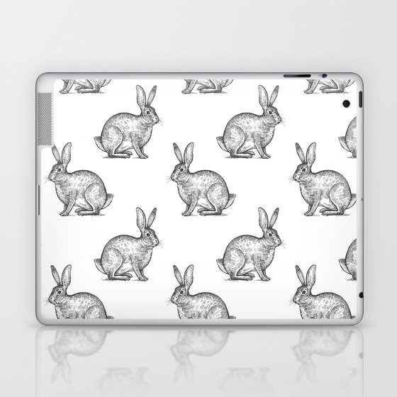 Hare or rabbit. Seamless pattern with forest animals. Hand drawing of wildlife. Vintage illustration art. Black and white. Old engraving. Vintage.  Laptop & iPad Skin