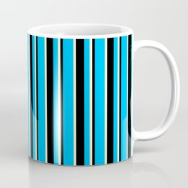 [ Thumbnail: Deep Sky Blue, Black, and Light Yellow Colored Lines Pattern Coffee Mug ]