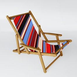 [ Thumbnail: Cornflower Blue, Dark Red, Bisque, Red & Black Colored Stripes Pattern Sling Chair ]