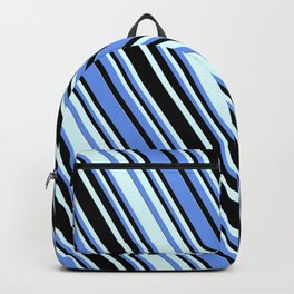 [ Thumbnail: Cornflower Blue, Black, and Light Cyan Colored Striped Pattern Backpack ]