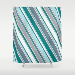 [ Thumbnail: Slate Gray, Teal, Powder Blue, Dark Grey, and Mint Cream Colored Lines/Stripes Pattern Shower Curtain ]