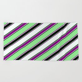 [ Thumbnail: Light Green, Purple, Mint Cream & Black Colored Lines Pattern Beach Towel ]