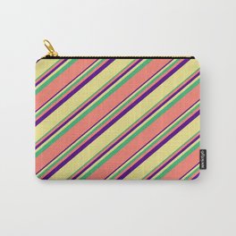 [ Thumbnail: Indigo, Tan, Sea Green, and Salmon Colored Stripes Pattern Carry-All Pouch ]