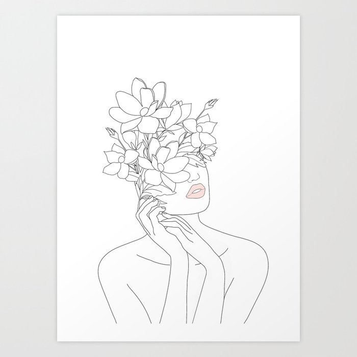 Minimal Line Art Woman with Magnolia Kunstdrucke | Drawing, Black-and-white, Woman, Mädchen, Lady, Artwork, Floral, Gesicht, Blumen, Blätter