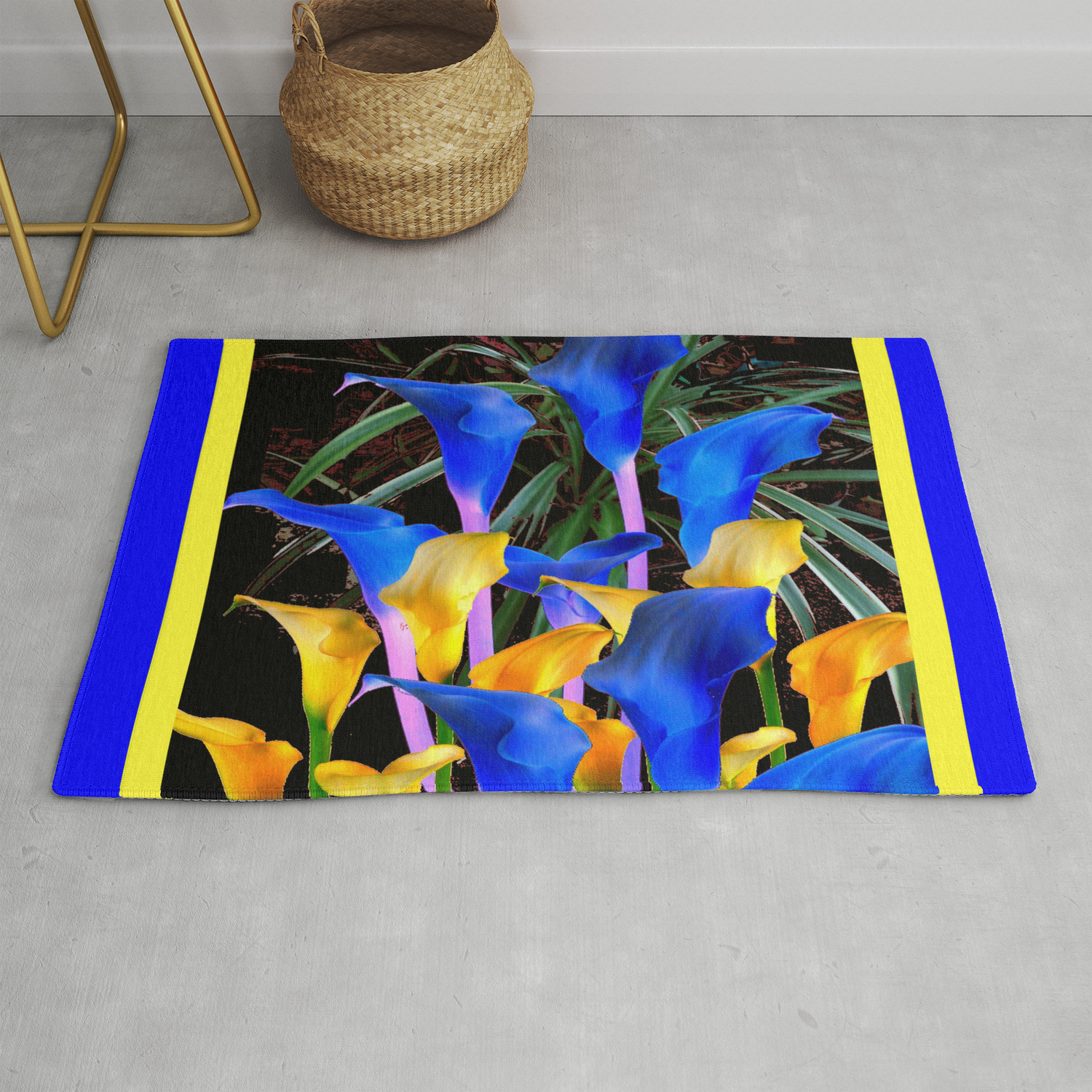Blue Black Modern Abstract Blue Gold Calla Lilies Rug By