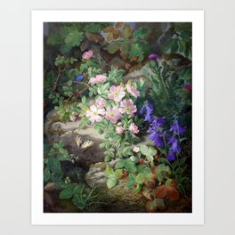 Grosses Stillleben mit Alpenblumen.   Large still life with alpine flowers butterflies Art Print