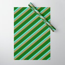 [ Thumbnail: Turquoise, Chocolate & Dark Green Colored Stripes Pattern Wrapping Paper ]
